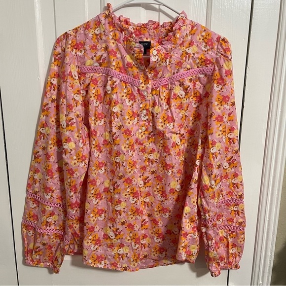 J. Crew Factory Floral Ruffleneck Shirt Long Sleeve Blouse Pink Orange Medium P2 - Picture 2 of 5